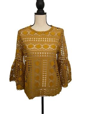 Ellison Mustard Crochet Lace Bell-Sleeve Blouse